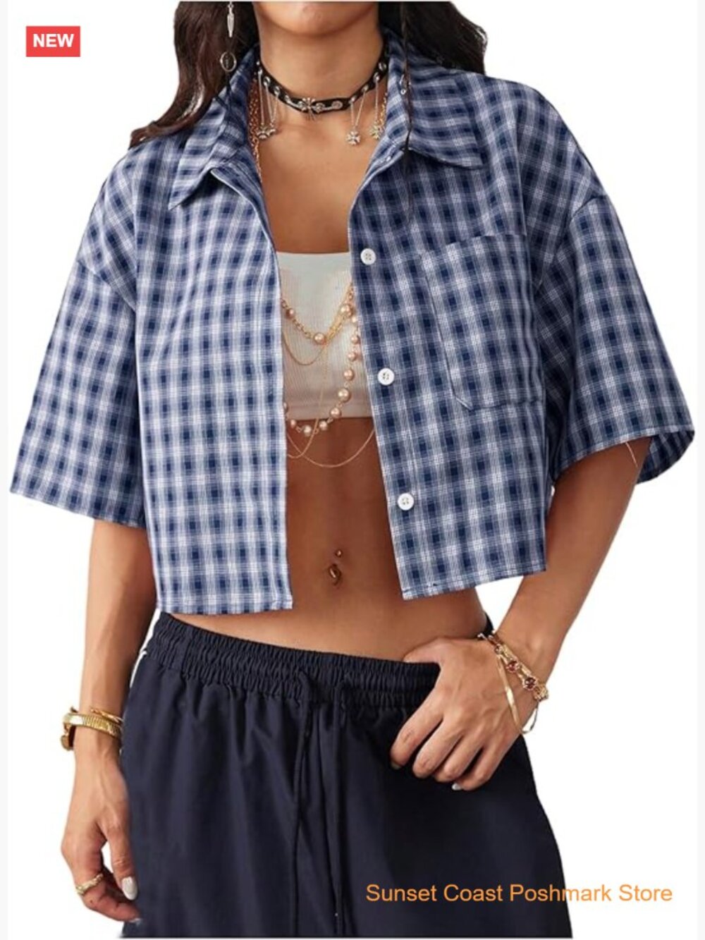 Women's Short Sleeve Button Down Crop Blouse Plaid Preppy Top